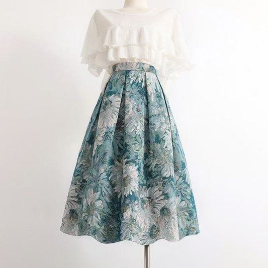 Textured Green and White Floral Jacquard Skirt