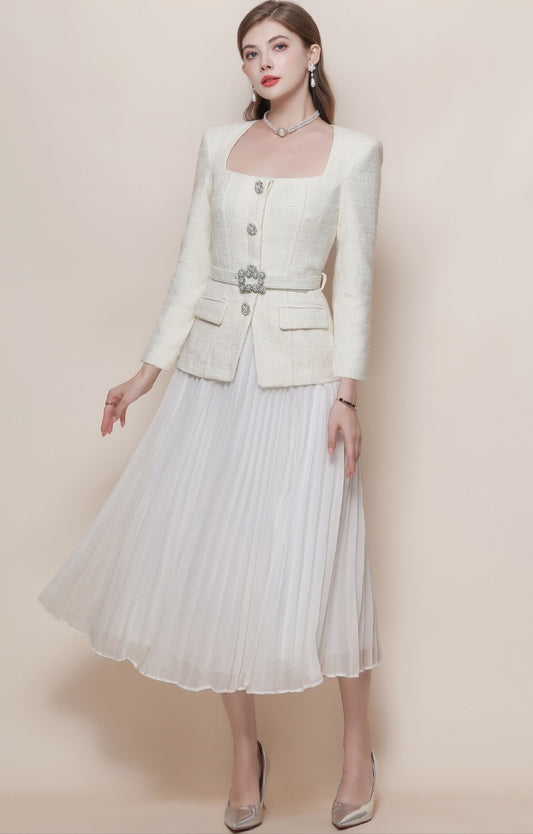 Tweed-Look Square-Neck Pleated Midi Dress
