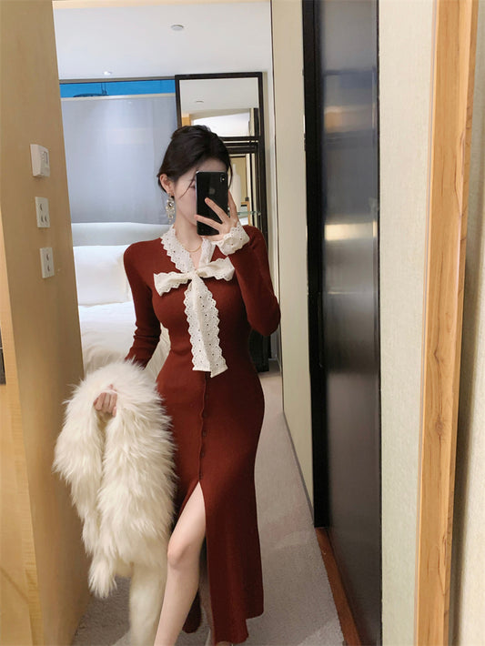 V-neck Knitted Slit Dress