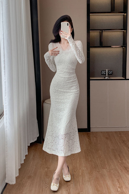 V-neck Long Sleeve Fishtail Lace Mid Length Dress