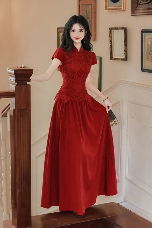 Vintage-Inspired Red Cheongsam with Lace Bodice