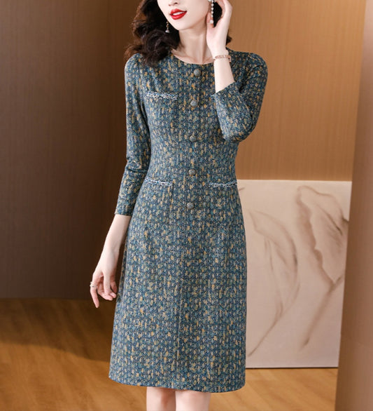 Vintage-Style Tweed Floral Print Knee-Length Dress