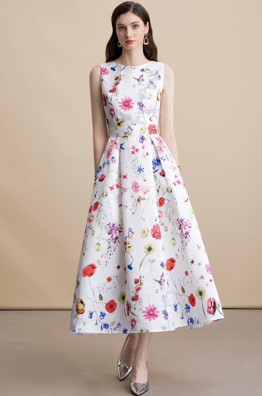 White Floral Sleeveless Pleated Midi Dress