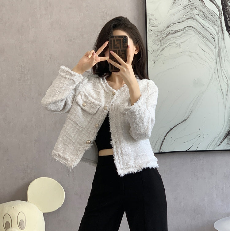 Bouclé Tweed Crop Jacket - French Style with Frayed Trim