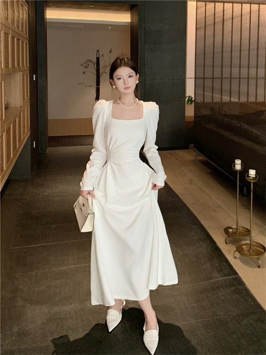 White Square Collar Chic Stunning Beauty Dress
