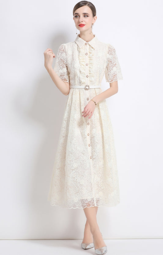 Women's Apricot Lace Shirt Dress with Belt - Elegant A-Line Midi Dress