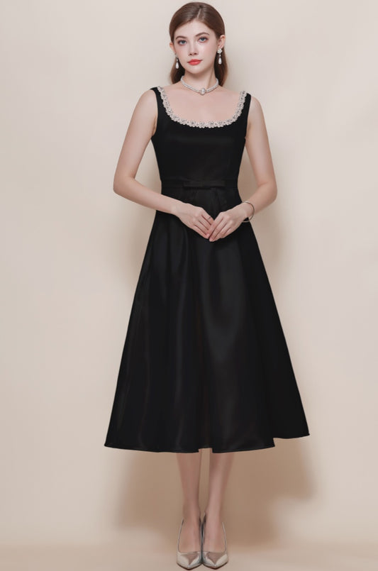 Women's Black Cocktail Dress with Pearl Trim