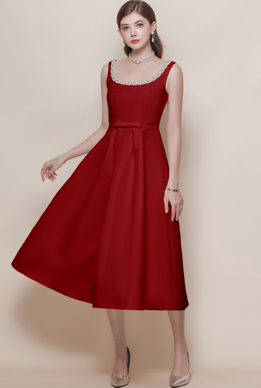 Women's Burgundy Cocktail Dress with Pearl Trim