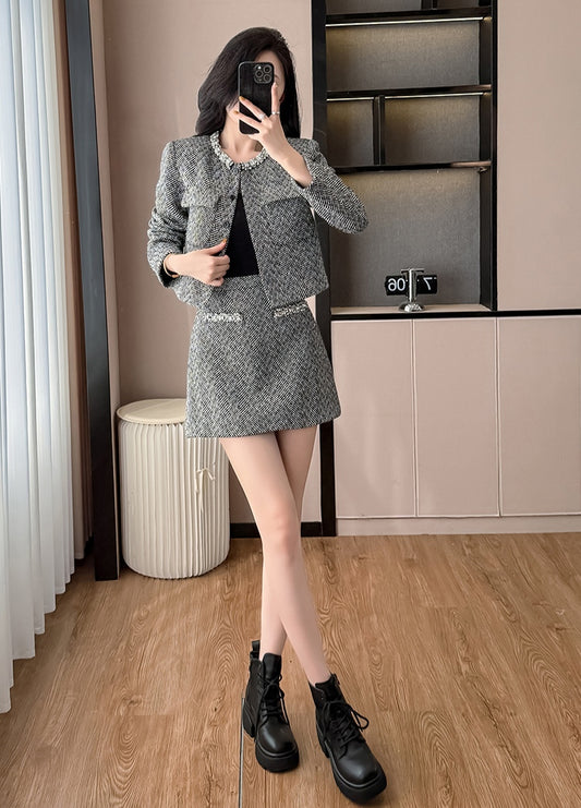 Women's Gray Tweed Two-Piece Skirt Set