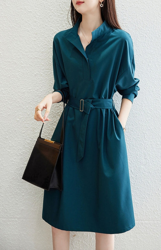Women's Loose Fit A-Line Shirt Dress with Belt