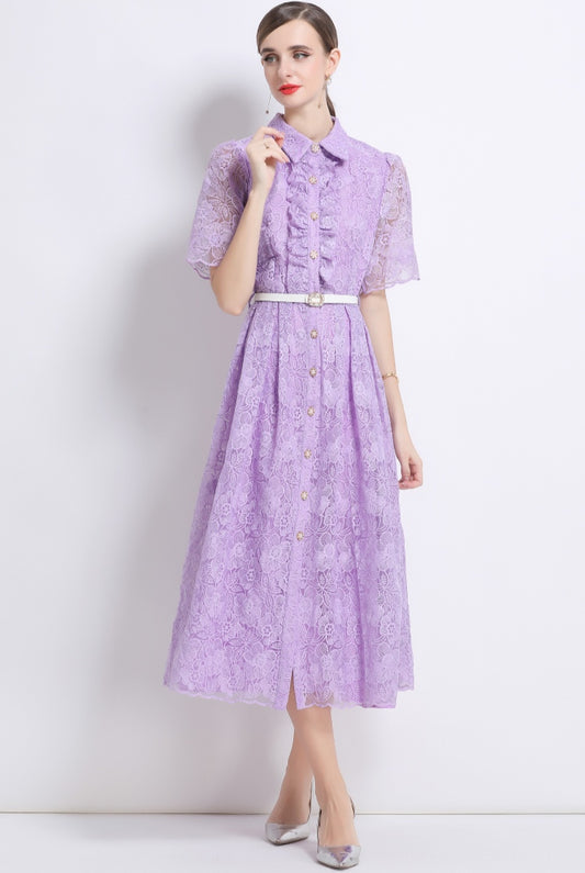 Women's Purple Lace Shirt Dress with Belt - Elegant A-Line Midi Dress