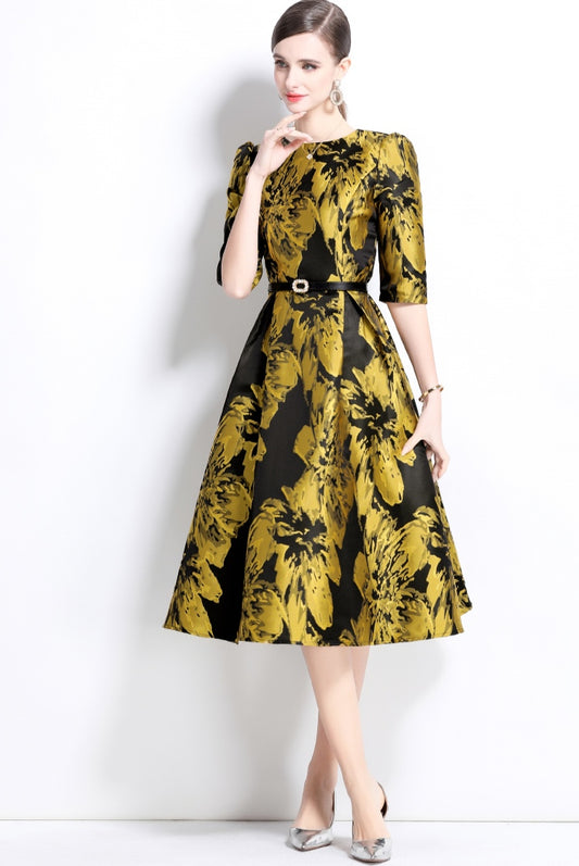 Yellow Floral Jacquard Exquisite A-line Dress