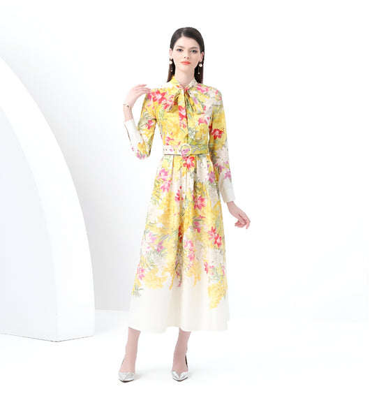 Yellow Floral Lantern Sleeve Pleated Dress