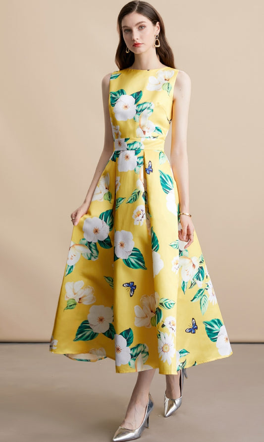 Yellow Floral Sleeveless Pleated Midi Dress