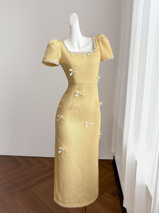 Yellow Square Neck Cotton Tweed Dress